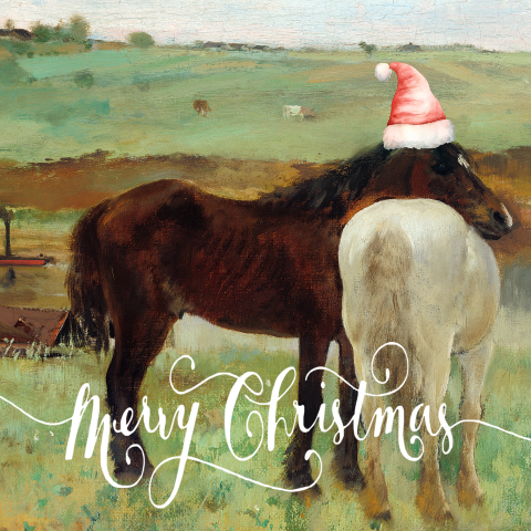 Kunst kerstkaarten met paarden en kerstmuts