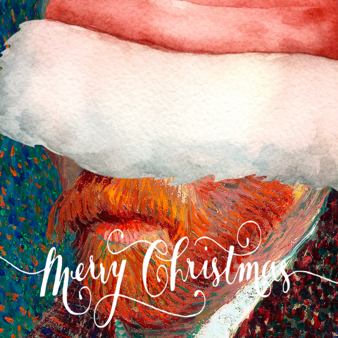 Grappige kerstkaart met van Gogh met kerstmuts