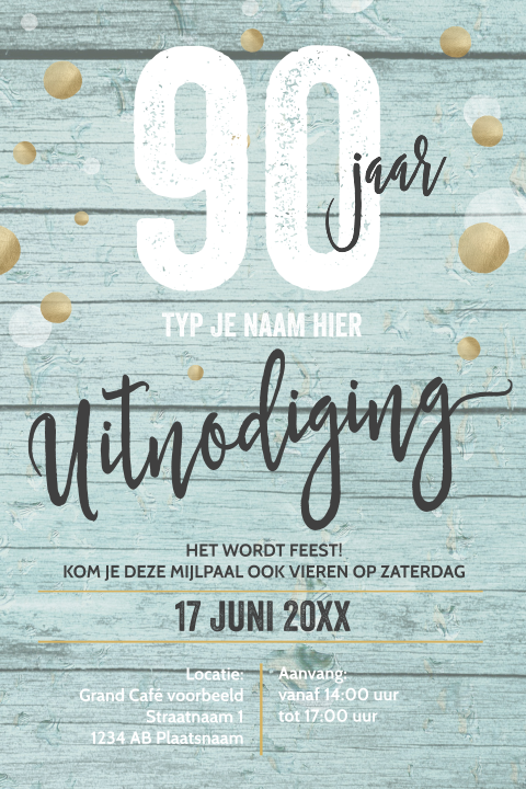 Verjaardag 90 jaar uitnodiging hout typografie