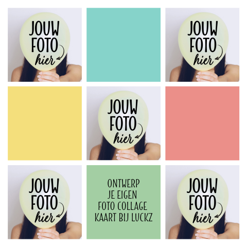 Vijf foto's collage kaart kleurvlakken