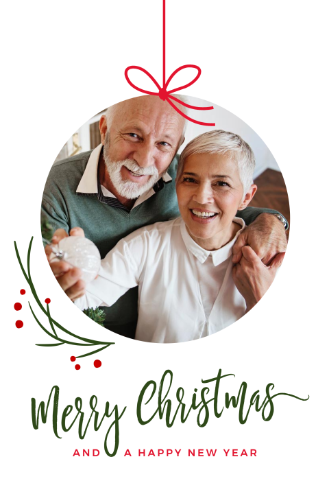 Kerstkaart maken eigen foto kerstbal vorm