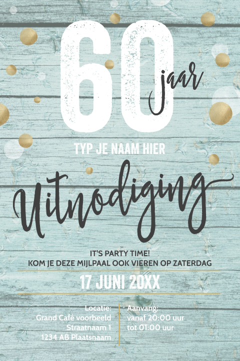 Uitnodiging 60 jaar hip mint hout