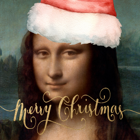 Grappige kerstkaart Mona Lisa met kerstmuts