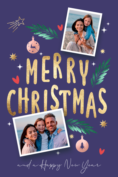 Leuke kerstkaarten paars goud Merry Christmas