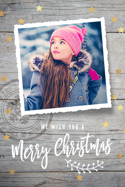 Trendy kerstkaart eigen foto hout
