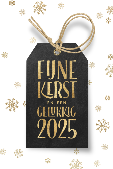 Stijlvolle kerstkaart 2025 zwart wit met label