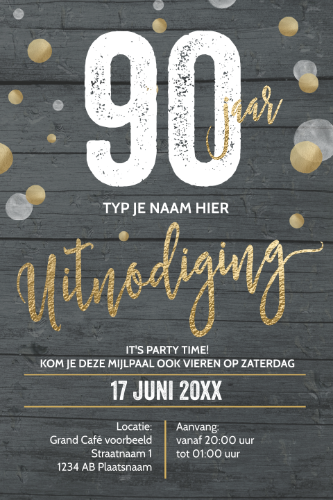 Luxe verjaardag uitnodiging 90 jaar typografie