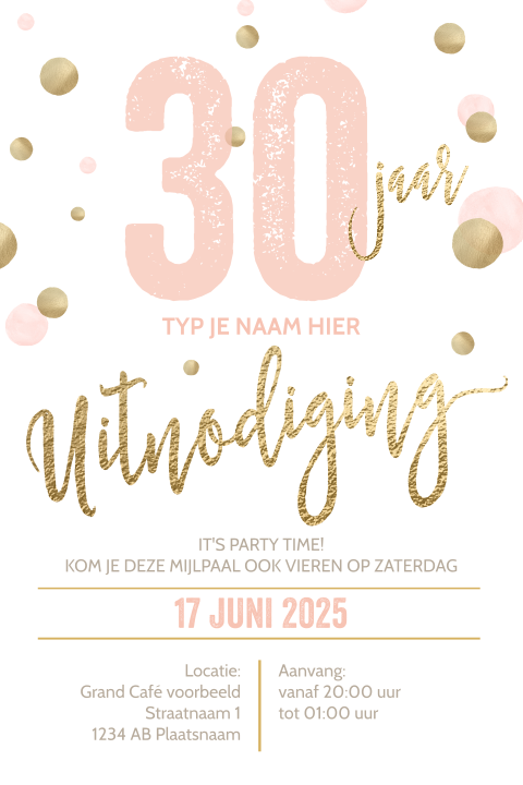 Luxe verjaardagsuitnodiging 30 jaar wit goud roze