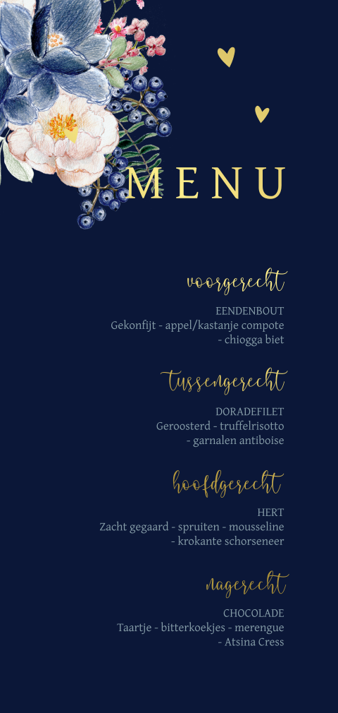 Donkerblauwe menukaart goudfolie aquarel bloemen
