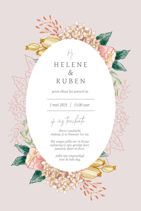 trouwkaart ovaal bloemen getekend