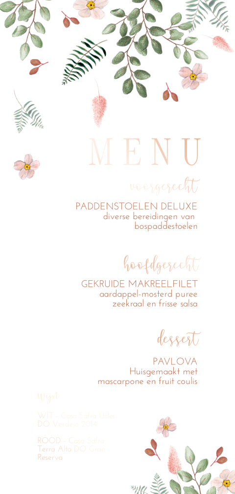 Romantische menukaart roest bloemen en blaadjes
