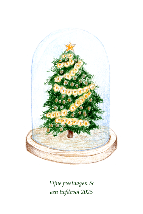 Kerstkaart met stolp en kerstboom