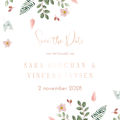 romantische save the date roest bloemen blaadjes