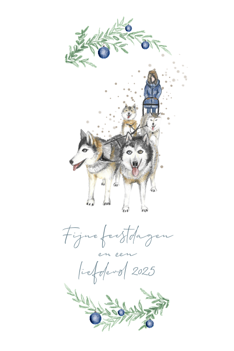 Kerstkaart Husky slee sneeuw handgetekend