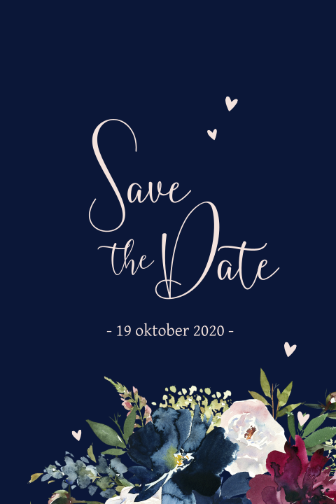 Donkerblauwe save the date aquarel bloemen