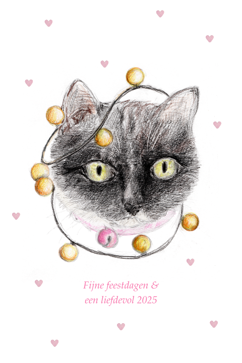 Kerstkaart kat lichtjes hartjes
