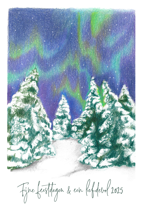 Kerstkaart noorderlicht handgetekend
