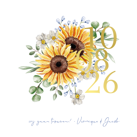trouwkaart met zonnebloemen en goudfolie