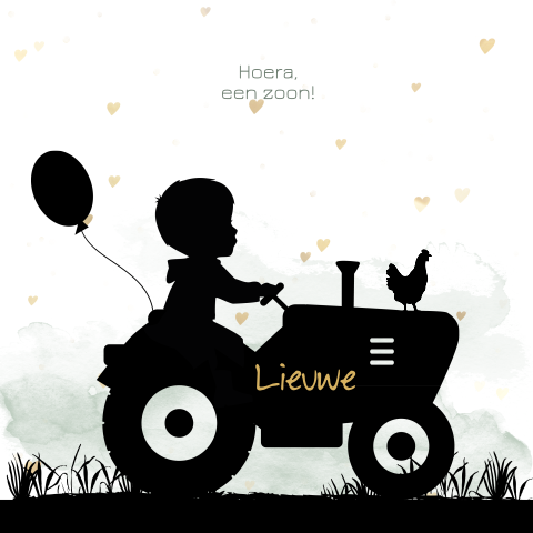Silhouet geboortekaartje met tractor en boerderijdieren