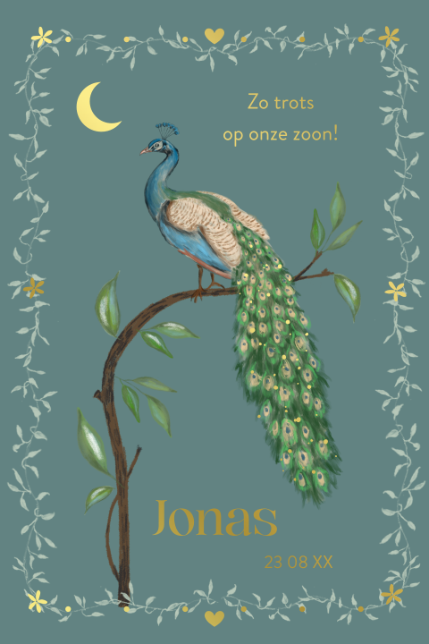 Schattig geboortekaartje waterverf pauw blaadjes en goudfolie