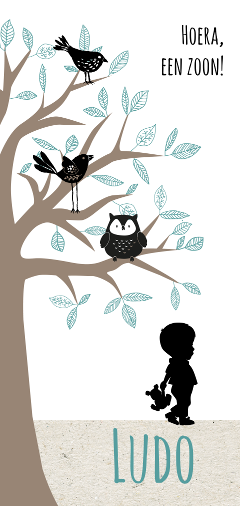 Enkele geboortekaart met silhouet van jongen met boom
