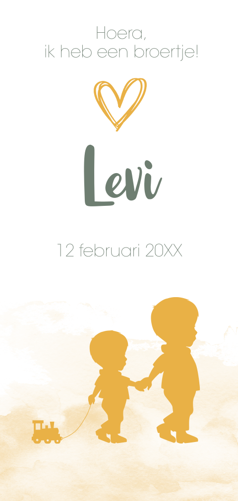 geboortekaart met silhouet broertjes, hartje en aquarel