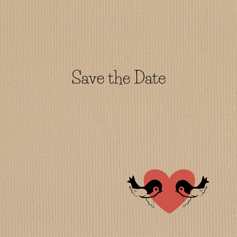Mooie save-the-date-kaart met hartje en vogeltjes op kraftpapier