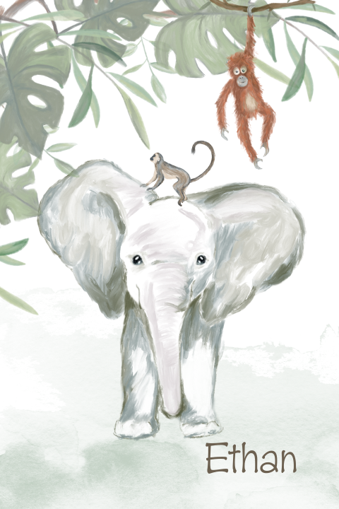 Jungle geboortekaartje met geschilderde olifant en aapjes