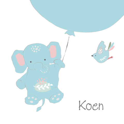 Lief geboortekaartje met olifantje aan ballon en vogeltje