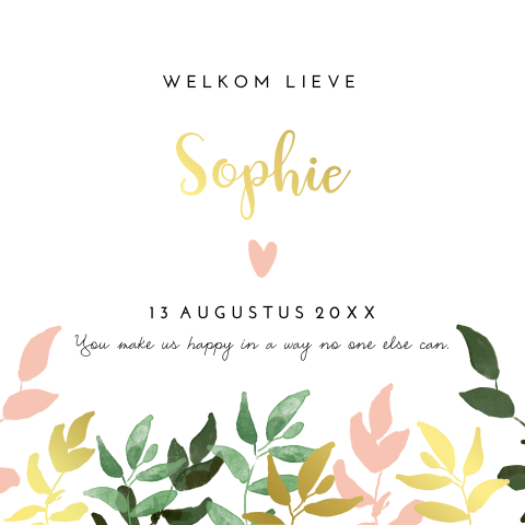 Goudfolie geboortekaartje voor meisje in botanical stijl