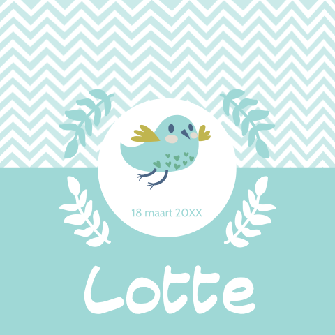 Lief geboortekaartje met een blauwe vogel