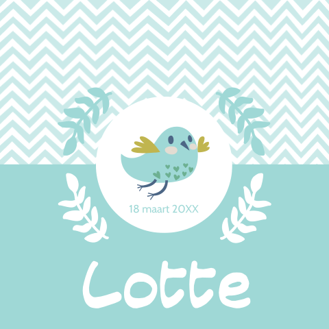Lief geboortekaartje met lichtblauw vogeltje