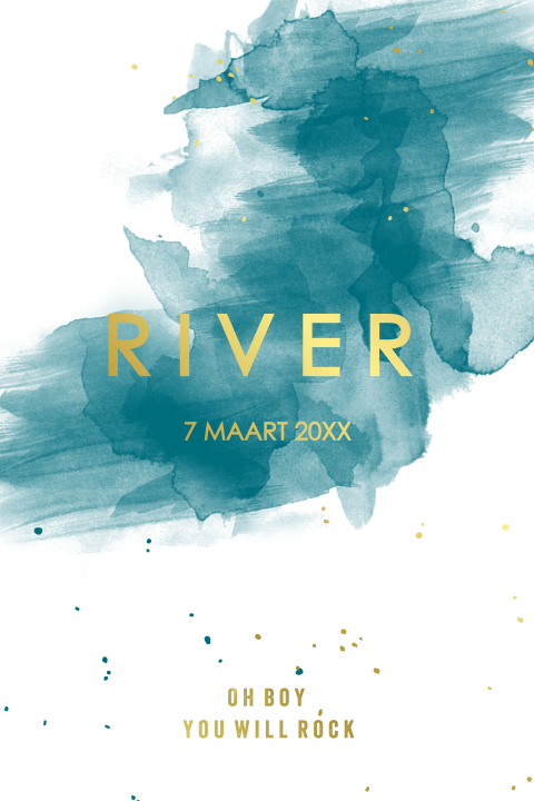 Poster met goudfolie naam op petrolblauwe waterverf