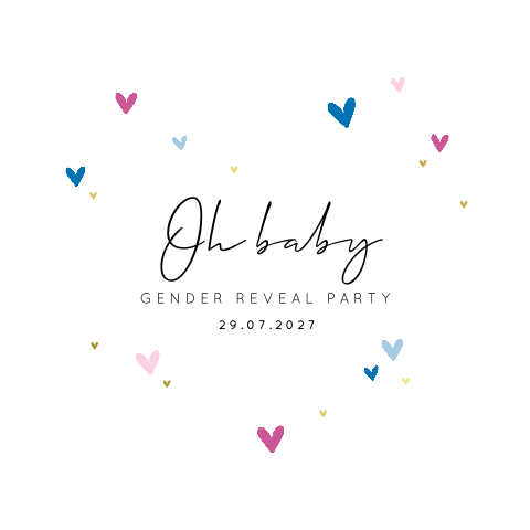 Uitnodiging gender reveal party met gekleurde hartjes
