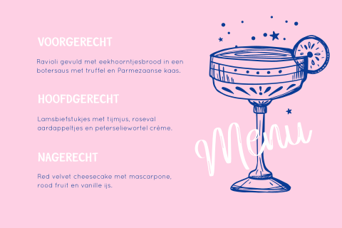Menukaart 21 diner roze/blauw met cocktailglas