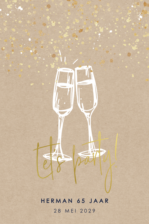 Verjaardag uitnodiging 65 met champagne, confetti en goudfolie