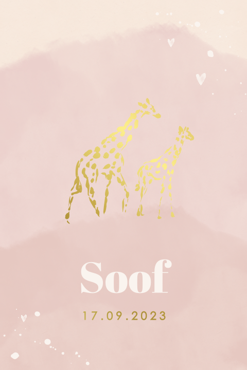 Lief geboortekaartje meisje met goudfolie giraffen