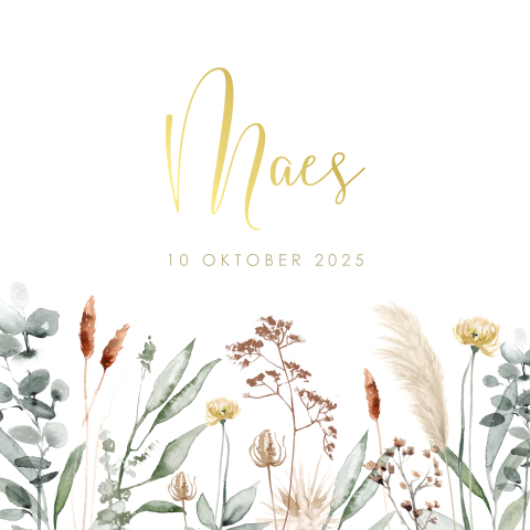 Herfst neutraal geboortekaartje met droogbloemen goudfolie
