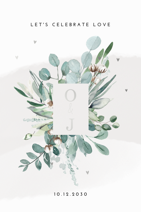 Trouwkaart met zilverfolie letters en eucalyptus takjes