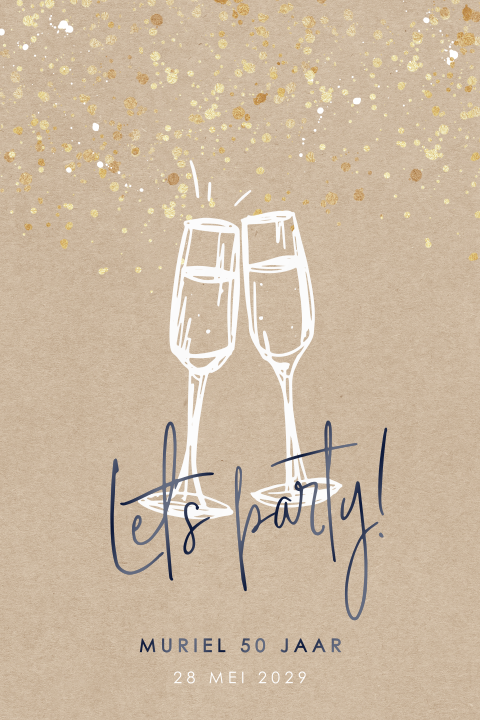 Verjaardag uitnodiging 50 met champagne en gouden confetti