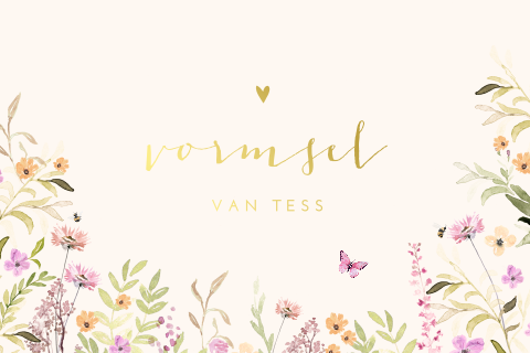 Uitnodiging Vormsel met veldbloemen en goudfolie