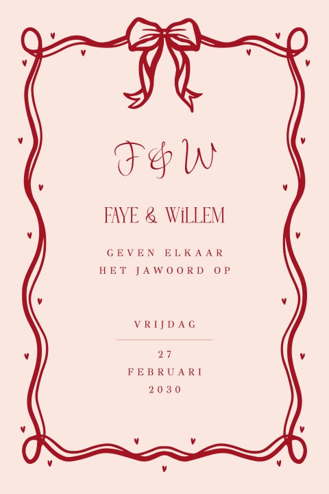 Trouwkaart roze rood vintage met strik