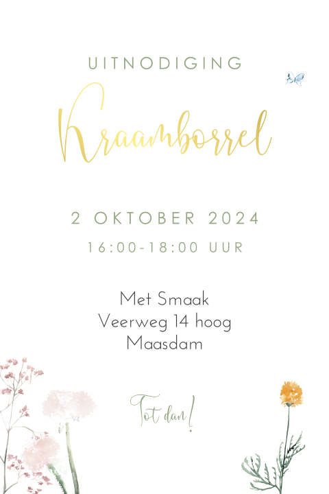 Kraamborrelkaartje met veldbloemen en goudfolie