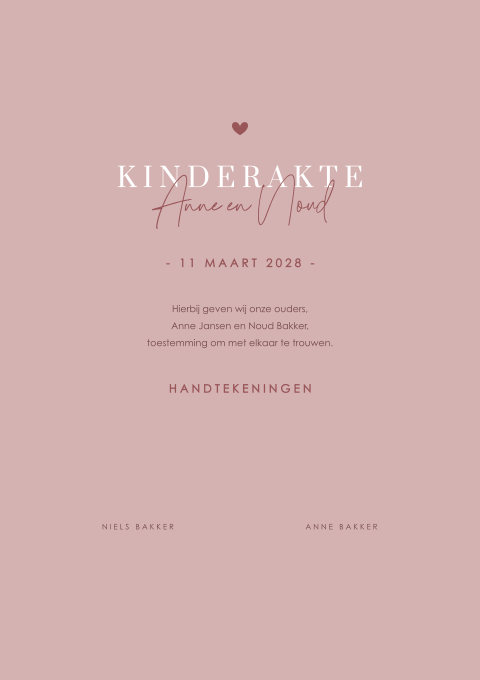Kinderakte bruiloft in oudroze met hartje