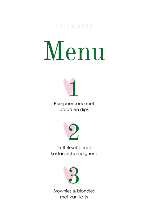 Menukaart in originele vorm met roze hartjes