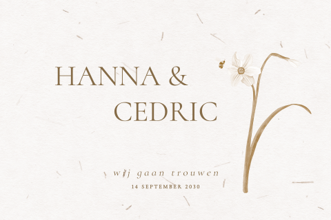 Vintage trouwkaart met klassieke typografie en bloem