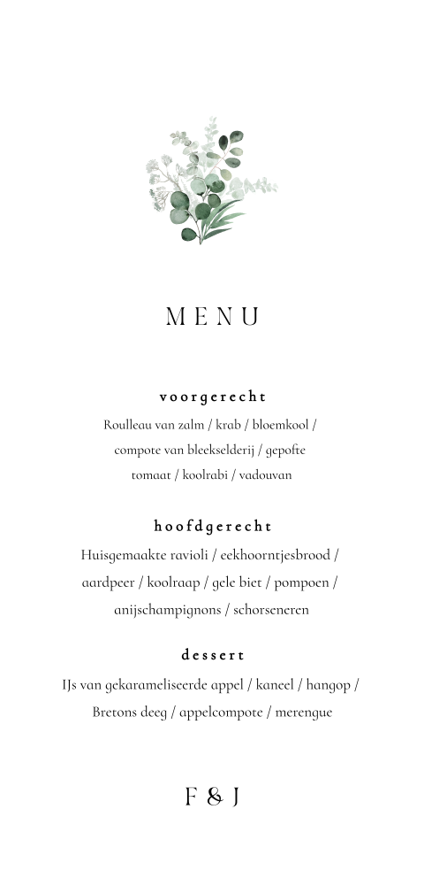 Menukaart bruiloft ovaal met eucalyptus