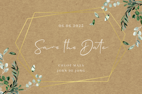 Save the date kaart met goudfolie op kraftlook