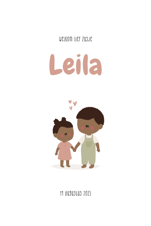 Schattig geboortekaartje voor een zusje met hartjes en ronde hoeken