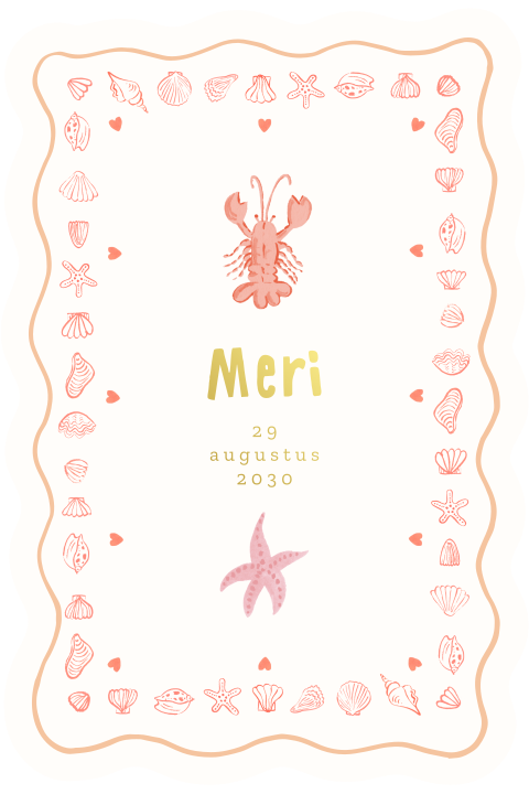 Origineel geboortekaartje meisje met kreeft, zeester en goudfolie